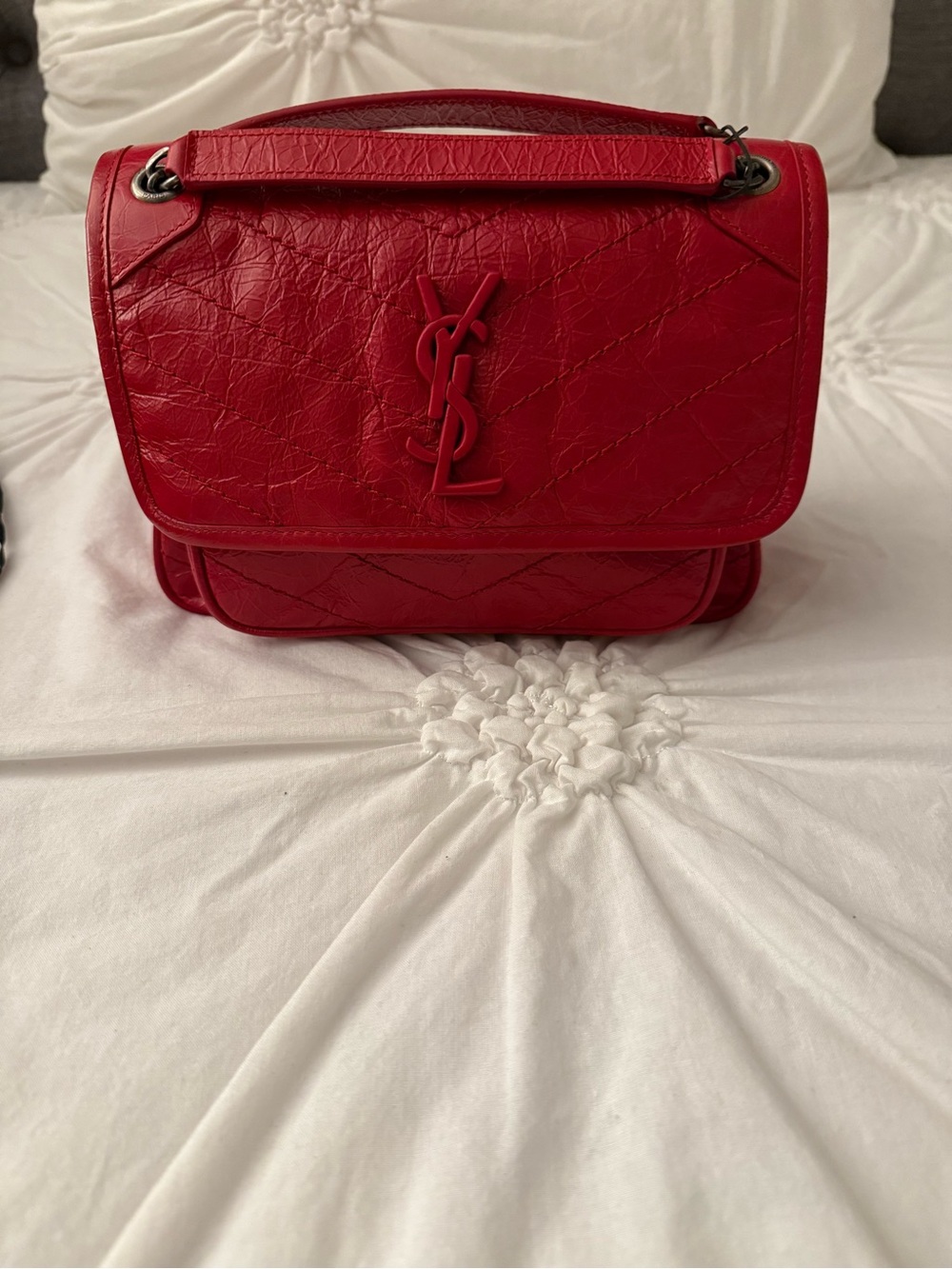 Saint Laurent Red Quilted Leather Niki Baby Shoulder Bag with YSL Logo